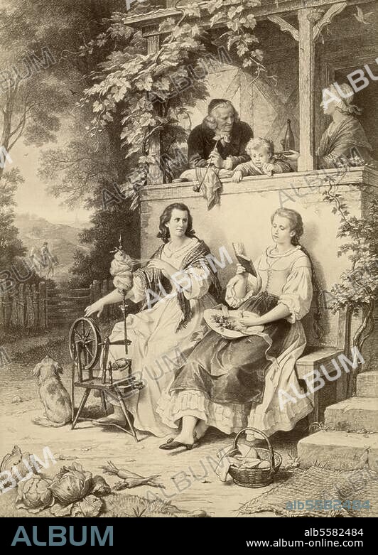 WILHELM VON KAULBACH. Brion, Friederike Geliebte Goethes in seiner Straßburger Studentenzeit (1770/71); 1752-1813. Friederike mit ihren Eltern vor dem Pfarrhaus in Sesenheim, im Hintergrund Goethe zu Pferde. Zeichnung, 1863, von Wilhelm Kaulbach. (1805-74) zu Goethe, Dichtung u. Wahrheit, 11. Buch. Aus: Goethe-Galerie, 1857f.