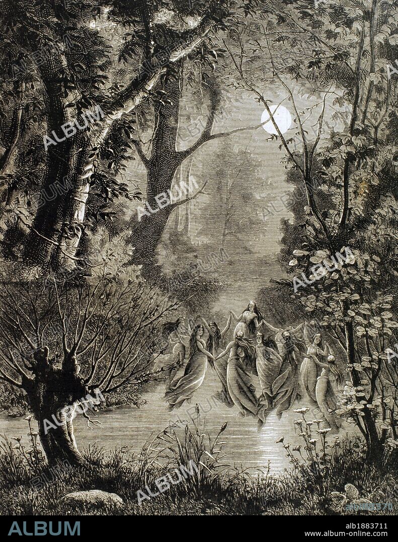 ESPIRITUS DE LA NATURALEZA. "ONDINAS DEL AGUA (DEVAS) jugando con el agua de un río". Grabado de "La Ilustración". Año 1885.