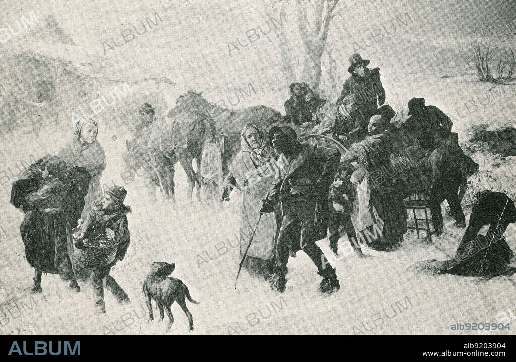 A print of the painting entitled: The Underground Railroad by Charles T. Webber. Levi Coffin (October 28, 1798 - September 16, 1877) was an American Quaker, abolitionist, and businessman. He was deeply involved in the Underground Railroad in Indiana and Ohio and his home is often called "Grand Central Station of the Underground Railroad". Thousands of slaves are reported to have passed through his care while escaping their masters. In this painting Levi Coffin, is shown wearing a top hat in background, his wife Catherine, helps elderly man, an unidentified woman leads the group with two children.