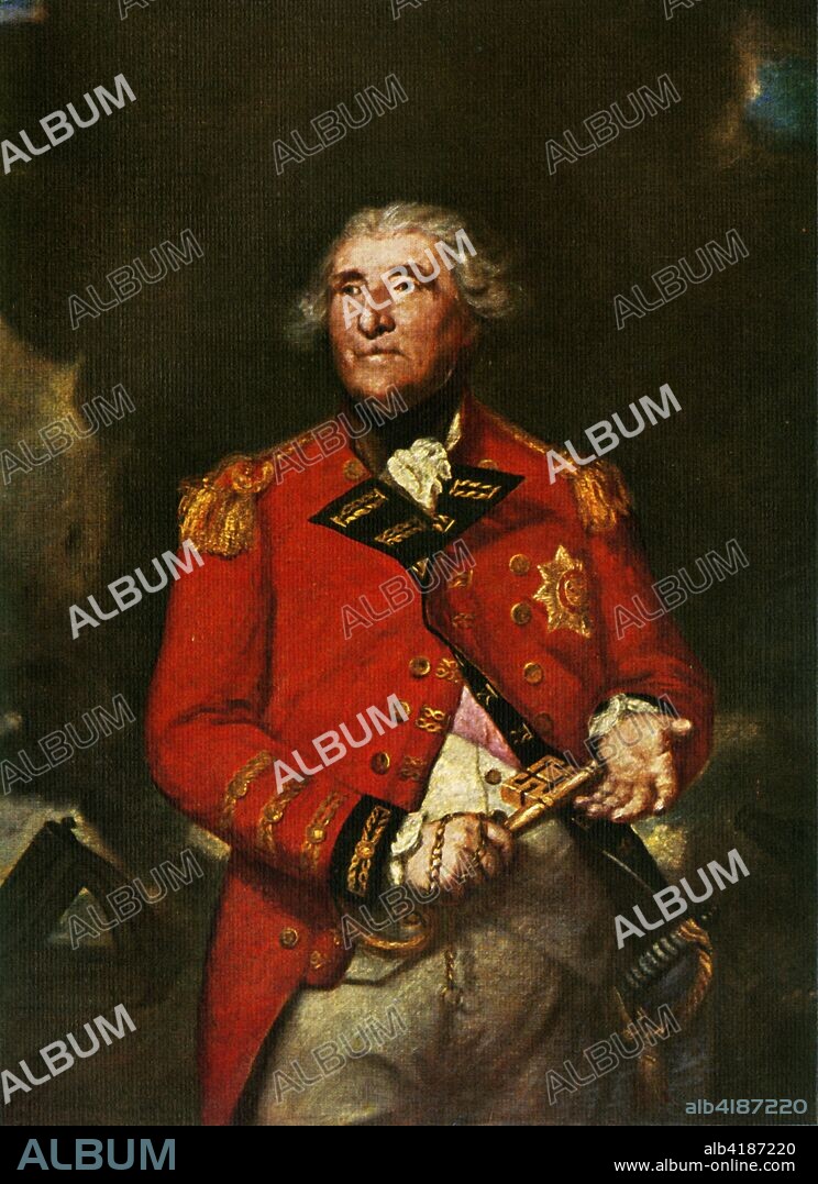 'Lord Heathfield', 1787, (c1912). Painting in the National Gallery, London. Portrait of Governor of Gibraltar George Augustus Eliott (1717-1790) symbolically holding the key to the fortress, the Rock of Gibraltar obscured by smoke in the background. During the siege of 1779-1783 he held the British fortress against Spanish attack, and was made Baron Heathfield in 1787. British portrait painter Sir Joshua Reynolds (1723-1792) promoted the ?Grand Style? in painting, and was a founder and first president of the Royal Academy of Arts in London. He held the position of Principal Painter in Ordinary to the king. His work is held in galleries and museums around the world. Illustration from Reynolds - Masterpieces in Colour, by Samuel Levy Bensusan. [TC & EC Jack, Frederick A Stokes Co,  London & New York, c1912].