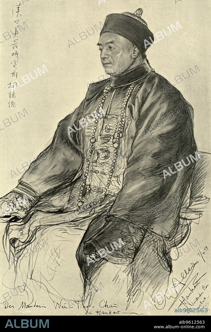 CHRISTIAN WILHELM ALLERS. Wu-Ting-Chau, Mandarin in Hankow, 1898. Portrait of a Chinese man in silk robes. 'Der Mandarin Wu-Ting-Chau in Hankow'. From "Rund um die Erde" [Round the Earth], written and illustrated by C. W. Allers. [Union Deutsche Verlagsgesellschaft, Stuttgart, 1898].