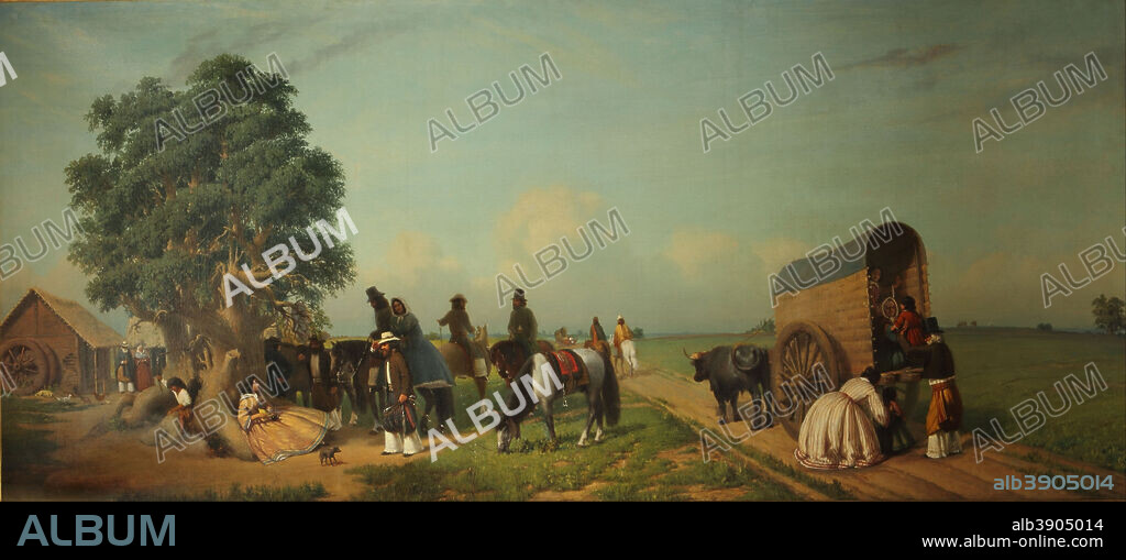 PRILIDIANO PUEYRREDON. Un alto en el campo. Date/Period: 1861. Painting. Oil on canvas. Height: 755 mm (29.72 in); Width: 1,665 mm (65.55 in).