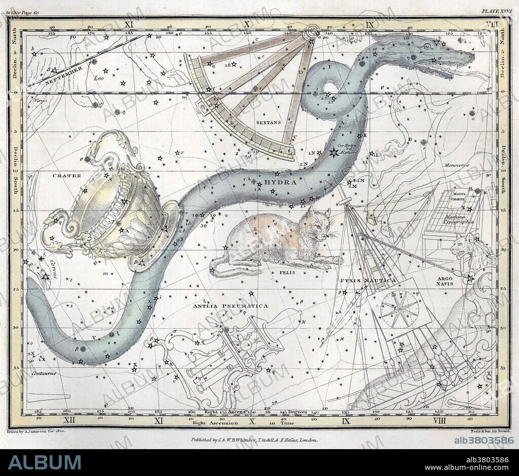 Hydra was one of the 48 constellations listed by the 2nd century astronomer Ptolemy, and it remains one of the 88 modern constellations defined by the International Astronomical Union. Hydra is the largest of the 88 modern constellations, measuring 1303 square degrees. Also one of the longest at over 100 degrees, its southern end abuts Libra and Centaurus and its northern end borders Cancer. Crater constellation is Latin for cup, and in Greek mythology it is identified with the cup of the god Apollo. Sextans is a minor equatorial constellation which was introduced in 1687 by Johannes Hevelius. Its name is Latin for the astronomical sextant, an instrument that Hevelius made frequent use of in his observations. Felis, Latin for cat, was a constellation created by French astronomer JÃ©rome Lalande in 1799. It is now obsolete. A Celestial Atlas (1822) by Alexander Jamieson, inspired by the star atlas of Johann Elert Bode, but restricted itself to stars that could be seen with the naked eye. Comprising a systematic display of the heavens in a series of thirty maps illustrated by scientific description of their contents and accompanied by catalogues of the stars and astronomical exercises, plate 26, 1822.