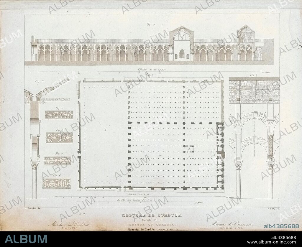 Mosque of Cordoba. Details 1, Floor plan, cross-section and arches of the Mezquita-Catedral de Córdoba, signed: J. Jourdan del, J. Bury sc, Pl. 1, Jourdan, Jean Marie (del.); Bury, Jean Baptiste Marie (sc.), 1853, Jules Gailhabaud: Monuments anciens et modernes: collection formant une histoire de l'architecture des différents peuples à toutes les époques. Paris: Librairie de Firmin Didot frères, 1853.