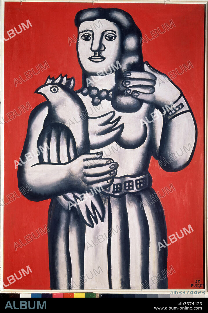 FERNAND LÉGER. Woman with a bird against a red background.