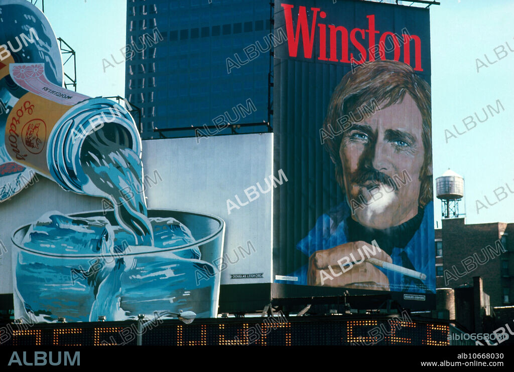 Billboards in Times Square advertising Winston cigarettes and Gordon's gin, New York City, c. 1977. In the 1970s, regulations on cigarette and alcohol advertising were much looser. After the Federal Cigarette Labelling and Advertising Act passed, all cigarette packaging and advertisements had to carry health warnings from the Surgeon General. This Winston billboard from the 1970s has no health warnings on it.