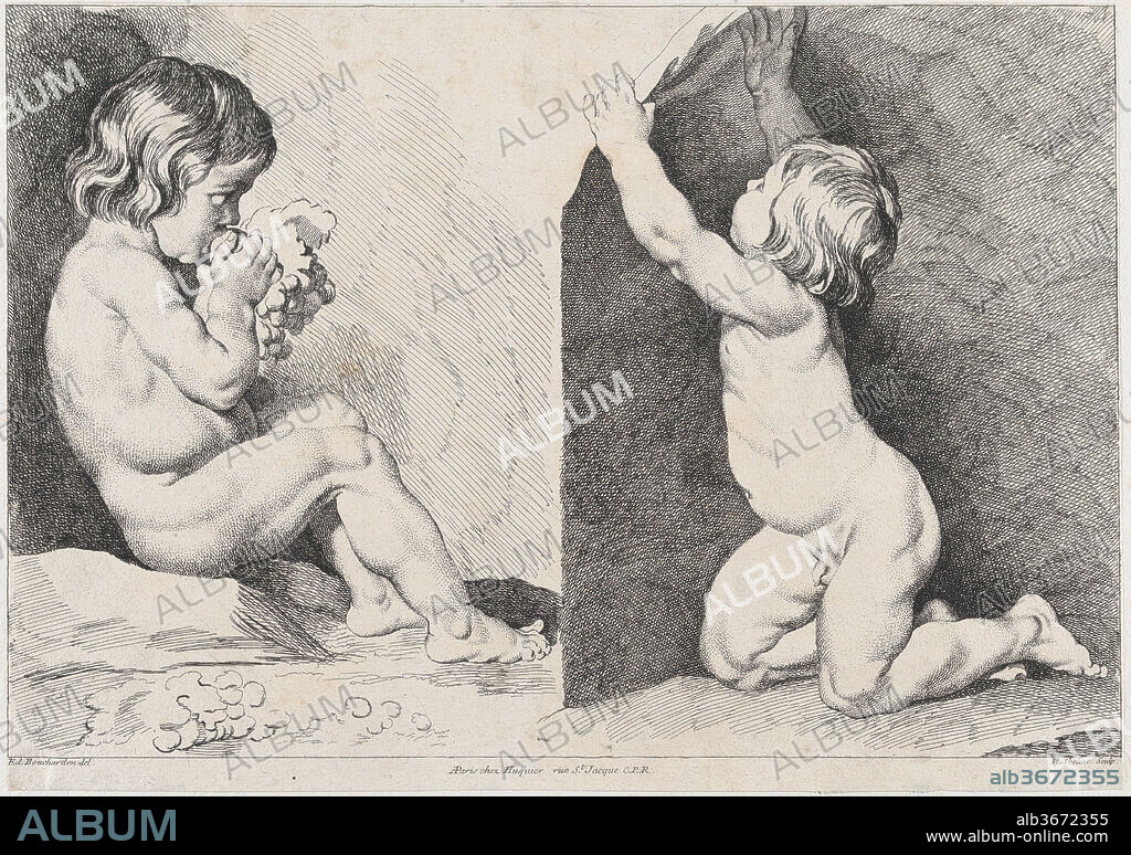 Two nude children eating grapes; from New Book of Children. Artist: After Edme Bouchardon (French, Chaumont 1698-1762 Paris); Pierre Alexandre Aveline (French, Paris 1702-1760 Paris). Dimensions: Sheet (trimmed): 10 3/8 × 14 7/8 in. (26.4 × 37.8 cm)
Image: 10 3/16 × 14 11/16 in. (25.8 × 37.3 cm). Publisher: Jacques Gabriel Huquier (French, Paris 1730-1805 Shrewsbury). Series/Portfolio: New Book of Children
(Nouveau livre d'enfans). Date: 1720-60.