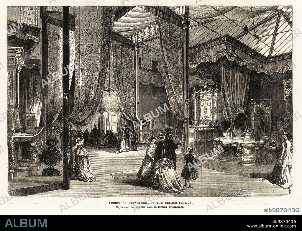 Visitors look at massive Gothic dressing tables, canopy beds and drapes manufactured by cabinetmakers Jackson and Graham in the Furniture Department of the British Section, Paris Exposition Universelle, 1867. Woodcut engraving by JM from the Supplement to the Illustrated London News, London, June 8, 1867.