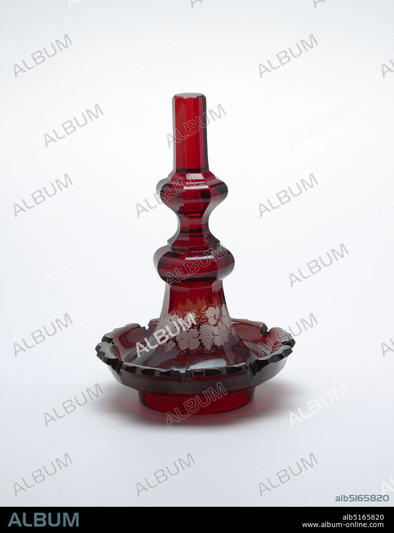 Lid for vase, Cut, enameled and engraved glass, Ruby glass, hat-shaped, tall finial, upturned scalloped rim, engraved grape vine motif., Germany or Bohemia, 1840s, glasswares, Decorative Arts, Lid for vase.