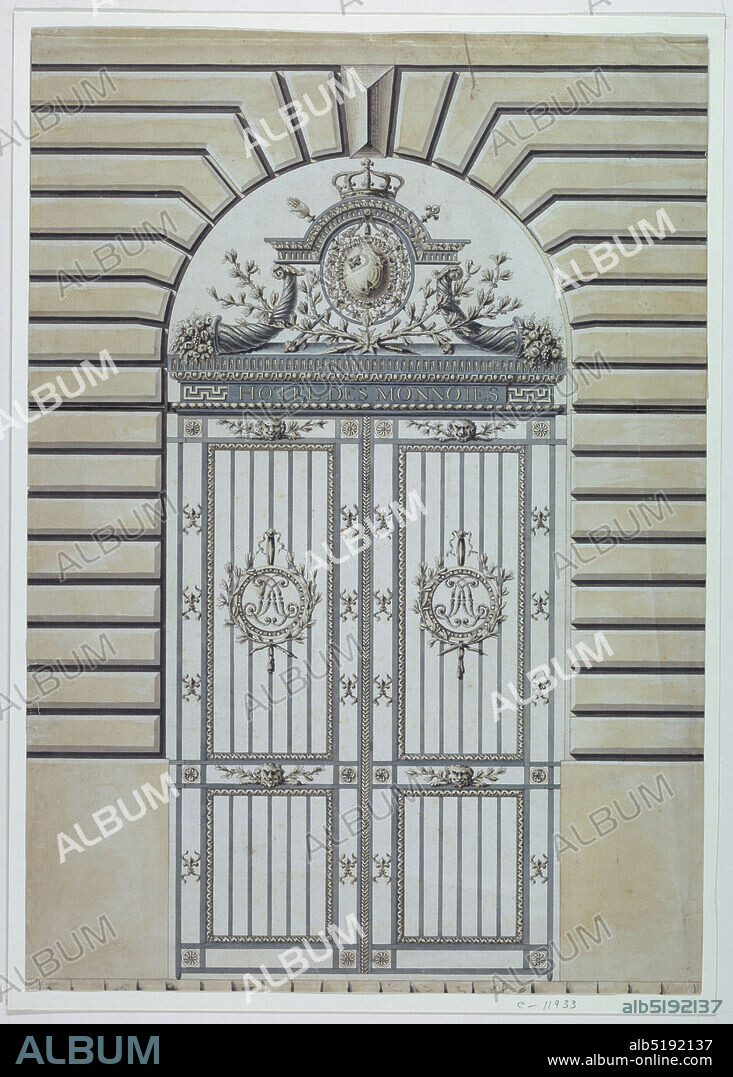 Iron Gates of the Mint, Paris, Jacques-Denis Antoine, French, 17731801, Pen and black ink, brush and blue, brown, gray wash, with black chalk indications on paper with mounted overleaf, The gate set in a rusticated wall. The gate itself consists of two wings with two vertically oriented panels making up each wing. Centered in the upper panels are circular medallions with the royal chiffre (initials), surrounded by two laurel branches. Above entablature is the winged royal coat of arms between two cornucopias and flanked below by laurel twigs., The alternate drawing for the lunette is attached at the top to main sheet on a separate piece of paper. The alternative suggestion shows an enriched variation of the design of the lunette. An entablature in the shape of a pediment is supported by the points of the cornucopia. The crown lies upon the pediment with the heads of two maces. The coat of arms is framed by an oval band with the chain of the Order of the Holy Spirit hanging from the entablature and the badge being in front of the crossing point of the laurel branches, leaves of which help to support the oval band., ca. 1776, architecture, Drawing, Drawing.