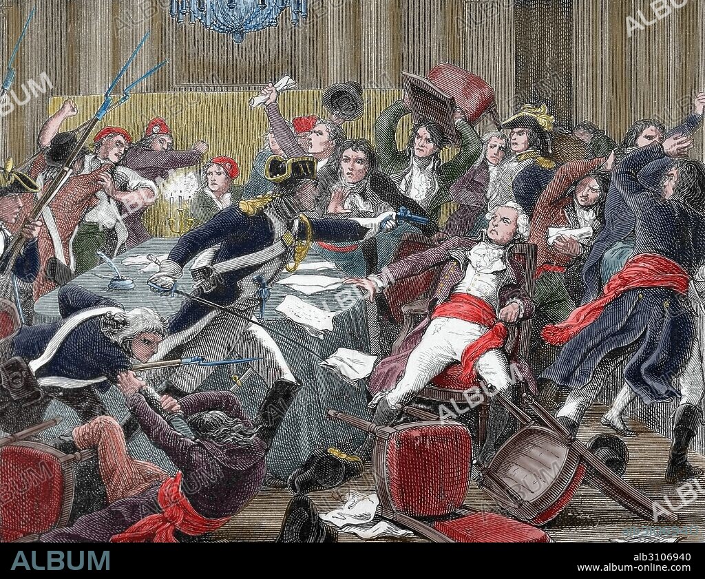 Thermidorian Reaction. Ninth Thermidor. 27 July 1794. Result. End of the Reign of Terror. Paris. France. Engraving. 19th century. Colored.