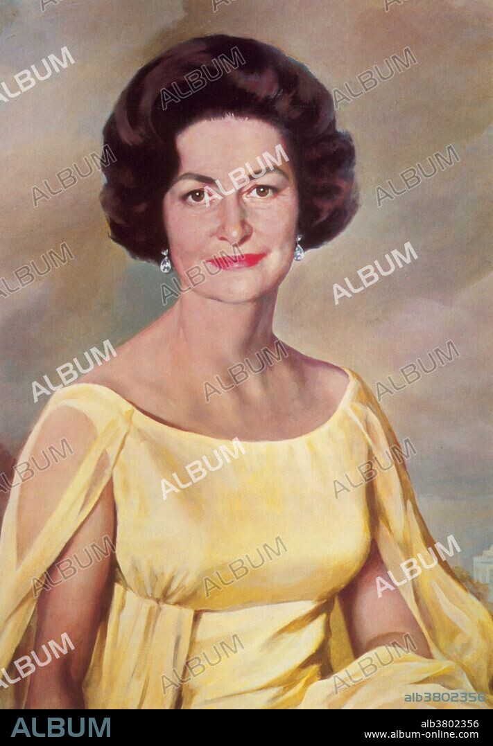 Claudia Alta Taylor "Lady Bird" Johnson (December 22, 1912 - July 11, 2007) was the wife of Lyndon B. Johnson and First Lady of the United States during his presidency from 1963 to 1969. Notably well-educated for her time, she proved a capable manager and a shrewd investor. After marrying LBJ in 1934 when he was a political hopeful in Austin, Texas, she used a modest inheritance to bankroll his congressional campaign, and then ran his office while he was serving in the navy. Next, she bought a radio station and then a TV station, which would soon make them millionaires. The Johnsons had two daughters; Lynda Bird and Luci Baines. As First Lady, she broke new ground by interacting directly with Congress, employing her own press secretary, and making a solo electioneering tour. As First Lady, she started a capital beautification project to improve physical conditions in Washington, D.C., for both residents and tourists by planting millions of flowers. Her beliefs regarding the importance of national beautification can best be summarized in her statement that "where flowers bloom, so does hope." The Highway Beautification Act was informally known as Lady Bird's Bill. She was a recipient of the Presidential Medal of Freedom and the Congressional Gold Medal, the highest US civilian honors. She died at home of natural causes in 2007 at the age of 94. Painting by Elizabeth Shoumatoff in a dress designed by George Stavropoulos.