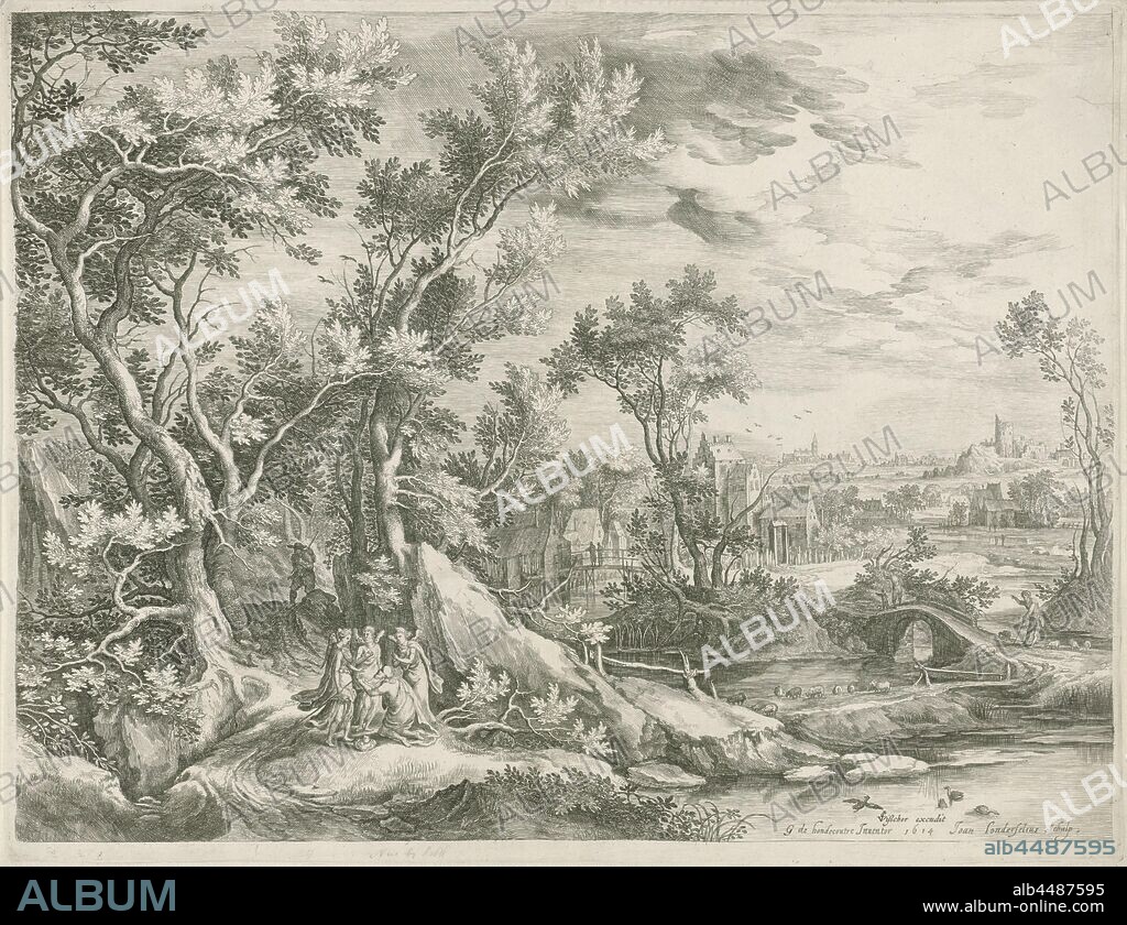 Landscape with Abraham begging the three angels to spare Sodom, Water-rich landscape with houses in the distance and a church. In the foreground Abraham kneels before the three angels to beg them to spare Sodom. To the Bible text in Gen. 18: 16-33, Abraham kneels before the angels, landscapes with waters, waterscapes, seascapes (in the temperate zone), Jan van Londerseel (mentioned on object), Amsterdam, 1614, paper, engraving, h 360 mm × w 468 mm.