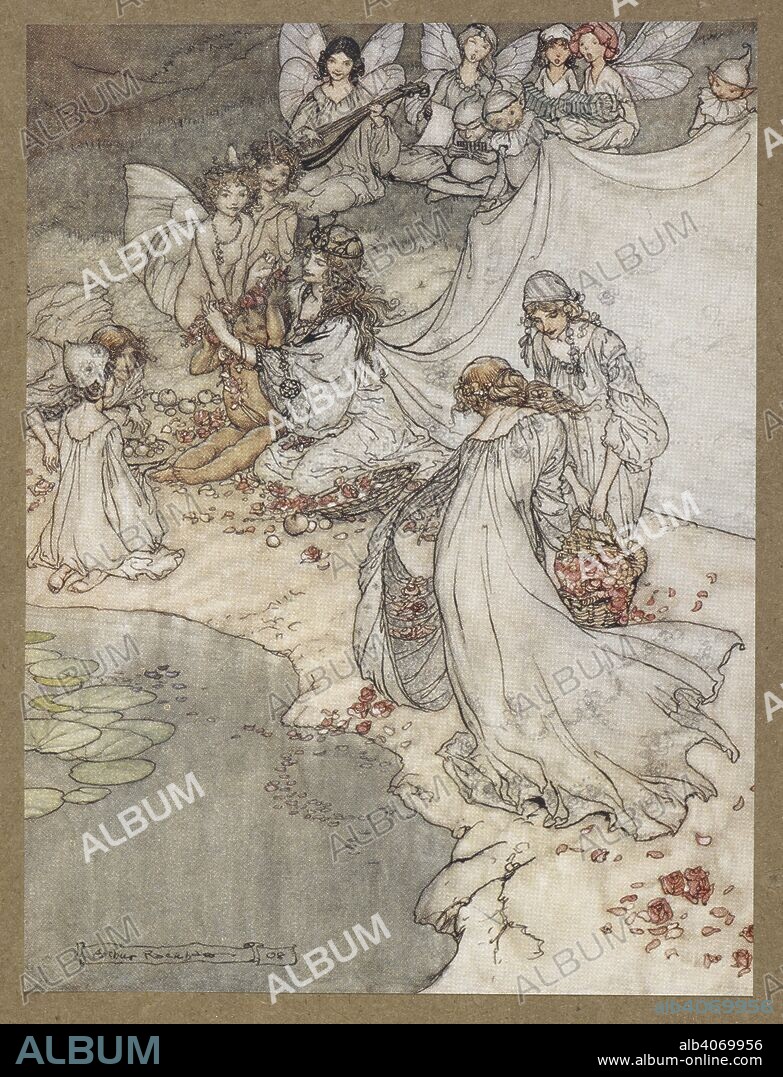 WILLIAM SHAKESPEARE. She never had so sweet a changeling.'  Fairy songs. A scene from 'A Midsummer Night's Dream.  . A Midsummer Night's Dream ... With illustrations by Arthur Rackham. London : William Heinemann, 1908. Source: Cup.410.bb.55, facing page 24.