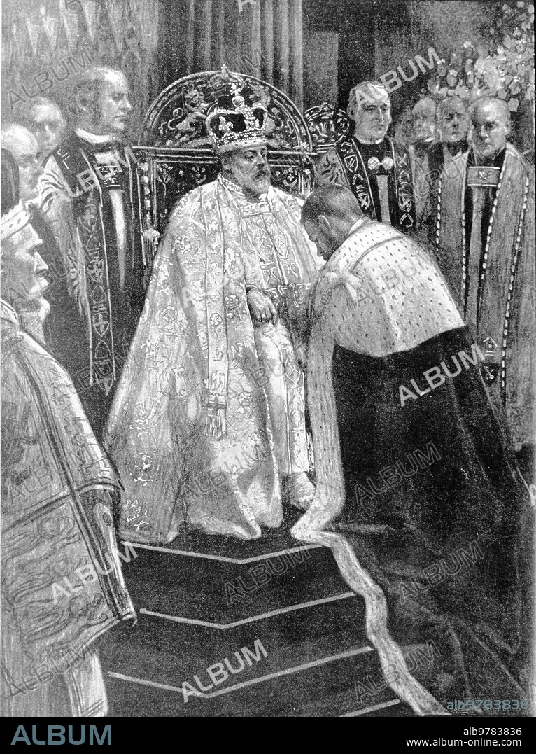 15 agosto 1902. Grabado de la ceremonia de coronación del rey Eduardo VII de Inglaterra en la abadía de Westminster.