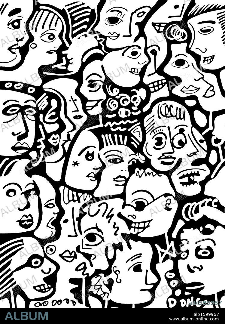 B&w caricature crowd, 2007, Diana Ong (b.1940/Chinese-American) Computer Graphics.