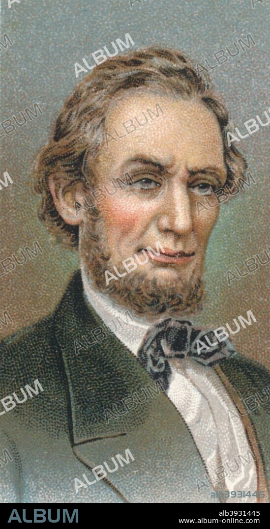 Abraham Lincoln (1809-1865). Lincoln, a Republican, became 16th President of the USA in 1860. On Good Friday, 14 April 1865, while at Ford's Theatre, Washington, he was shot by John Wilkes Booth and died the following morning. Taken from the 'Leaders of Men' cigarette cards produced by Ogdens's 1924.