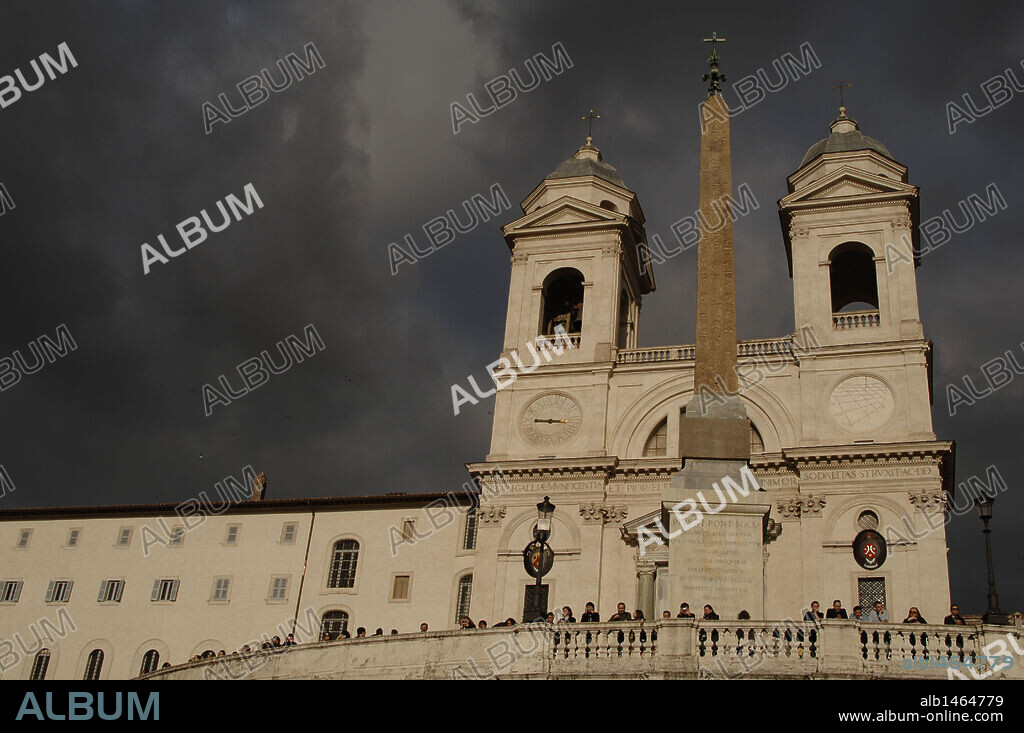 Italy. Rome. Church of the Trinita dei Monti, 16th century, and the Sallust Obelisk of the Roman imperial period. Spanish Square.