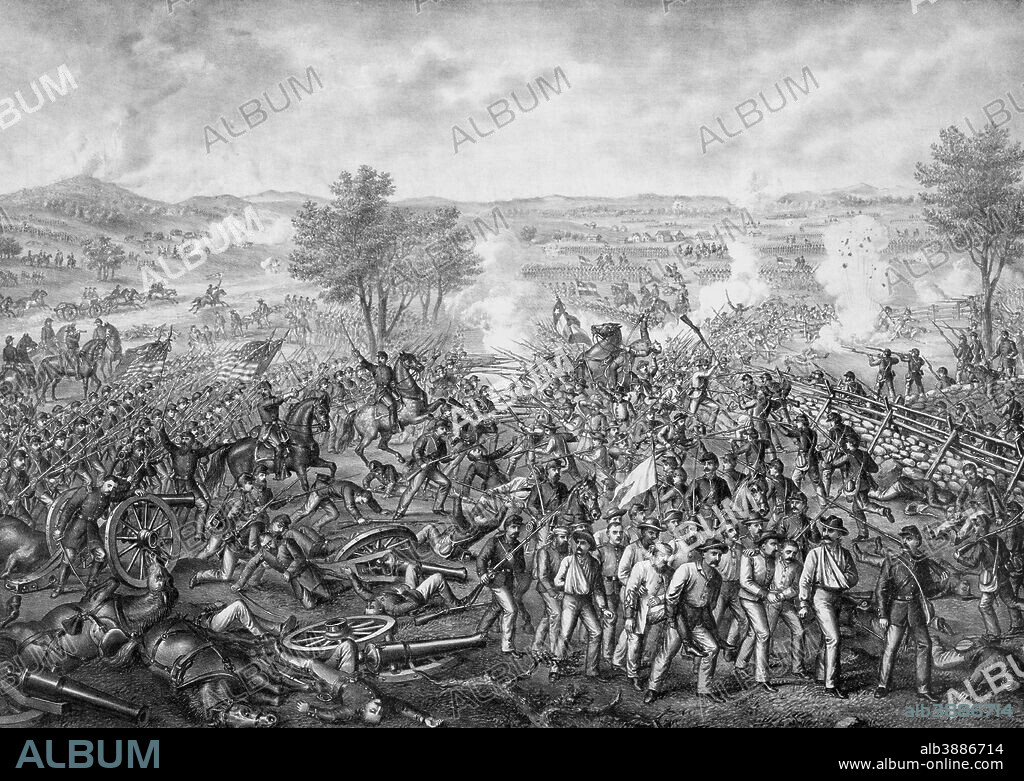 Vintage Civil War print featuring the Battle of Gettysburg. The famous battle took place in early July 1863 and resulted in the largest number of casualties during The American Civil War.