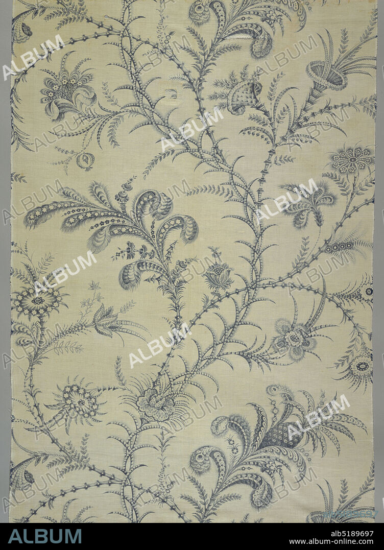 Textile, Bromley Hall, (Middlesex, England, 17121763), Ollive and Talwin, Middlesex, England, 1763 - 1783, Medium: cotton Technique: printed by engraved copper plate on plain weave foundation Label: cotton, printed by engraved copper plate, Length of printed cotton with a large scale design of curving bamboo-like stems with pineapples and feathers as foliage, in blue on a white ground., Poplar, England, 176080, printed, dyed & painted textiles, Textile.