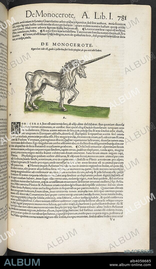 CONRAD GESSNER. De monocerote. A unicorn. C. Gesneri ... historiÃ¦ animalium lib... Tiguri, 1551-87. Source: 460.c.1 page 781.