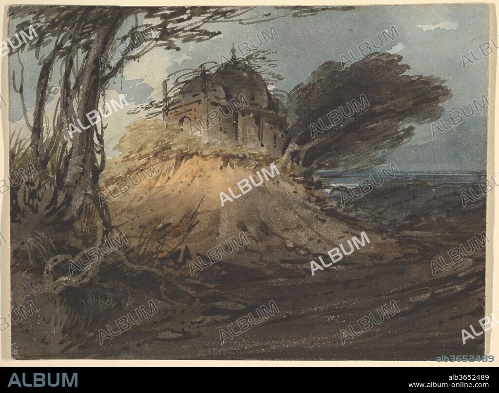 Indian Temple. Artist: George Chinnery (British, London 1774-1852 Macau). Dimensions: sheet: 4 15/16 x 6 9/16 in. (12.5 x 16.7 cm). Date: ca. 1808-12.
In the early nineteenth century, the British East India Company's growing presence in India encouraged London-trained artists to travel to the subcontinent. Chinnery left England in 1802 to seek portrait commissions in Madras, Calcutta, and Dacca (present-day Dhaka, Bangladesh). This lively sketch of a small Indian temple, falling into ruin and buffeted by a passing squall, likely dates to his residence in Dacca between 1808 and 1812. In that period the artist stayed with the British East India representative Sir Charles D'Oyly; this work was once housed in an album assembled by a collector who knew both D'Oyly and Chinnery.