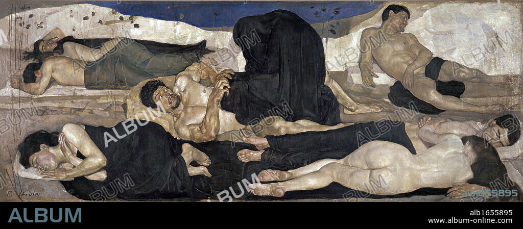 Ferdinand Hodler (1853 - 1918) Swiss painters. 'The Night' 1891. The allegorical scene deals with the themes of dreams, visions and death. The central figure is a portrait of the artist.