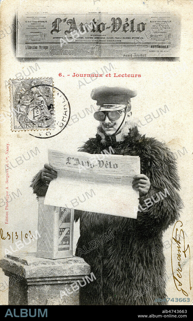 'Journaux et lecteurs n°6, L'Auto-Velo'. L'Auto fut le principal quotidien sportif francais du 16 octobre 1900 au 17 aout 1944, date de son interdiction. Fonde sous le titre L'Auto-Velo (1900-1903), ce titre mit notamment en place le Tour de France. L'Equipe lui a succede. Photographie par Albert BERGERET (1859-1932) pour une carte postale ancienne de 1903. Credit : Jean Vigne / KHARBINE-TAPABOR.
