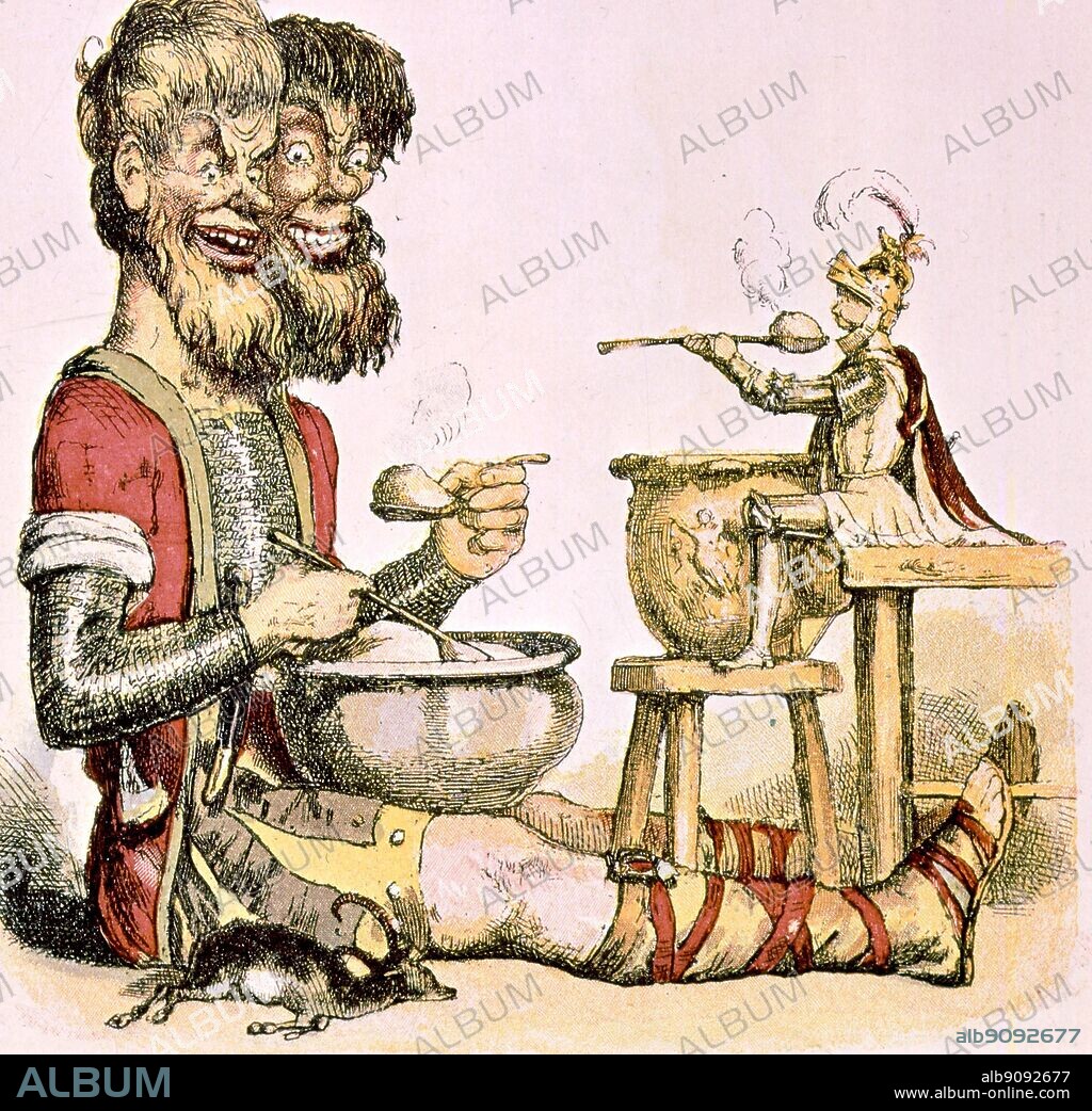 Jack astonishes the Welsh, two-headed giant with the amount of hasty pudding he is able to consume. 1842. The Classic Fairy Tales by Iona and Peter Opie, page 60.