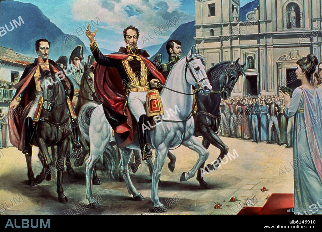 JOSE IGNACIO CASTILLO CERVANTES. Triumphal entry of Simon Bolivar and his army. Entrada Triunfal de Bolívar con su ejército. 19th century. Bogota, Quinta's Bolivar. Colombia.
