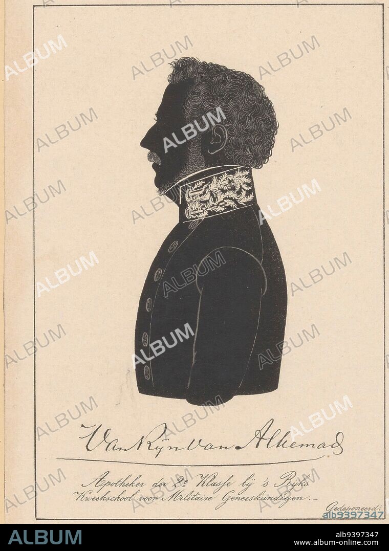 Below the portrait the signature of the person being portrayed, silhouette portrait of J van Rijn van Alkemade, print maker: Pieter Barbiers (IV), (possibly), print maker: Friedrich Heinrich Wilhelm Schröder, (rejected attribution), publisher: weduwe Pieter Barbiers (IV), (mentioned on object), print maker: Netherlands, publisher: Zwolle, 1848 - 1862, paper, h 152 mm - w 108 mm.