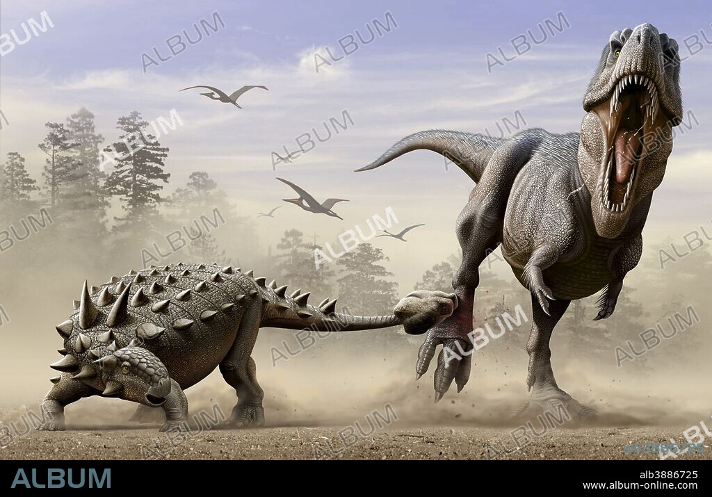An Euoplocephalus hits T-Rex's foot by its mace like tail in self-defense.