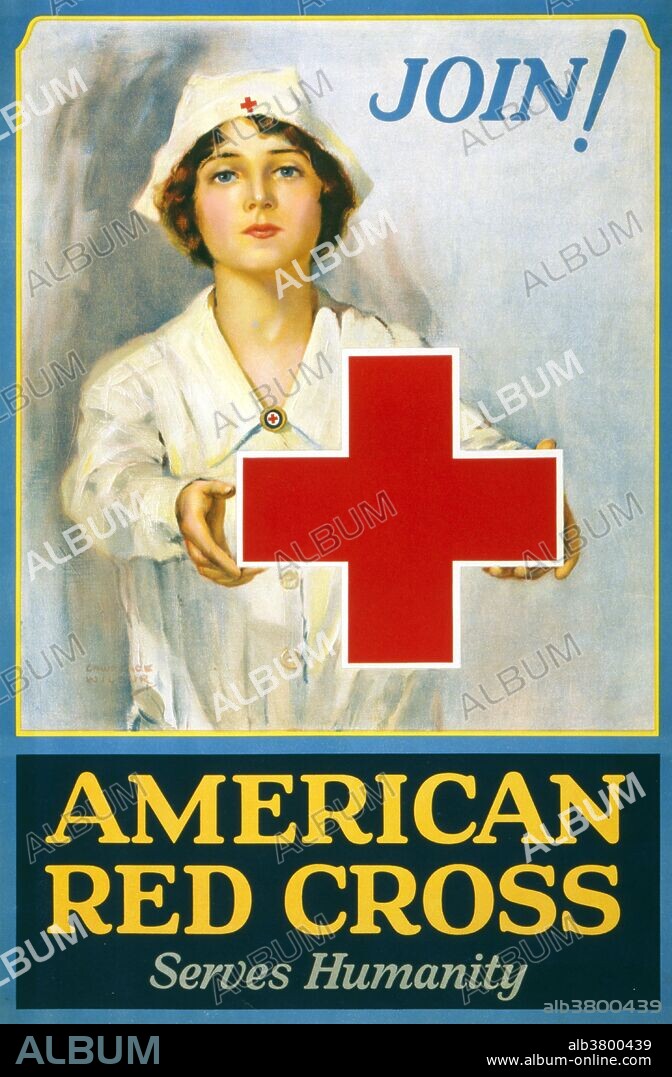 Entitled: "American Red Cross serves humanity Join!" American Red Cross membership drive poster showing a Red Cross nurse holding a large red cross. During WWI, the American Red Cross faced an unprecedented national need for its service. Raising the funds to deliver this service required that the organization use advertising to appeal directly to the American people. Posters represented one of the most compelling and popular components of the campaign. More than eighteen thousand Red Cross nurses served with the Army and Navy Nurse Corps during WWI.