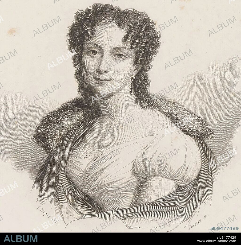 Portrait of an unknown woman, François Forster, after Louis Dupré, 1800 - 1872, print maker: François Forster, (mentioned on object), intermediary draughtsman: Louis Dupré, (mentioned on object), 1800 - 1872, paper, etching, engraving, h 234 mm - w 149 mm.