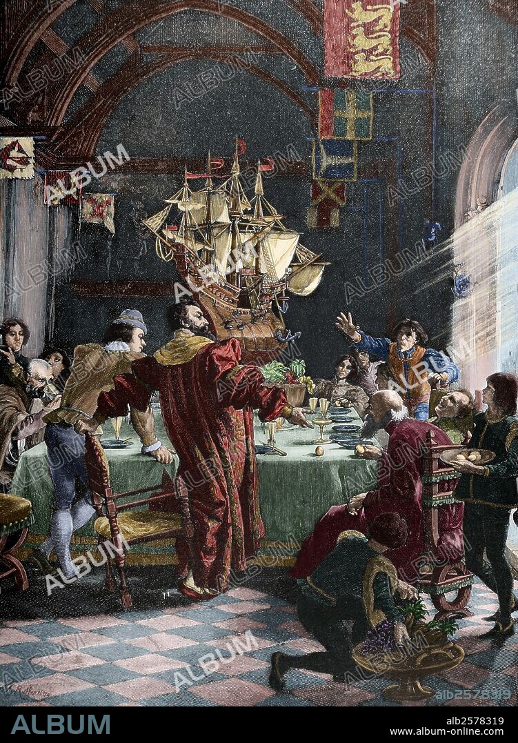 COLON, Cristóbal (1451-1506). Navegante y descubridor del Nuevo Mundo. "El huevo de Colón". Grabado por R. Jerigre, a partir del cuadro de Leon Reisseinstein. "La Ilustración Ibérica, 1885. Coloreado.
