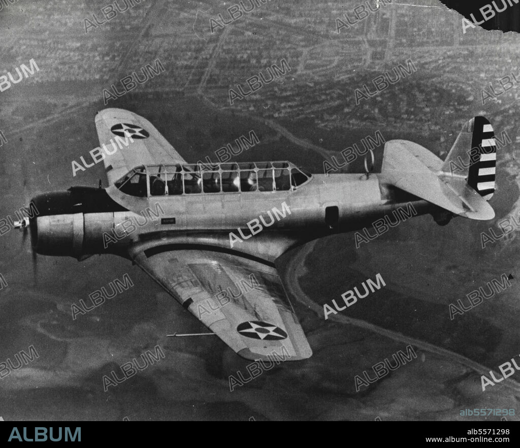 Army's Newest Attack Bomber -- The Vultee YA-19, all metal attack plane in its initial flight here prior to being delivered to the United States Army Air Corps. The low-winged monoplane is powered by a Pratt & Whitney "twin Wasp", 14 cylinder, radial cooled engine. It carries a crew of three, and attains a speed in excess of 230 miles an hour. It is designed to carry 800 pounds of bombs and six machine guns. April 4, 1939. (Photo by Wide World Photo).