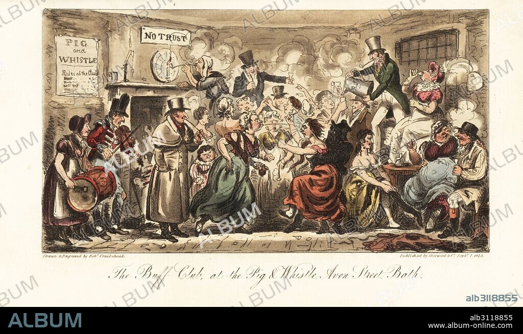 Regency gentlemen buying gin for the prostitutes and low-life in a Bath public house. A soldier and camp follower play music in the corner, while a Hackney coachman watches a catfight. The Buff Club, at the Pig and Whistle, Avon Street, Bath. Handcoloured copperplate drawn and engraved by Robert Cruikshank from The English Spy, London, 1825. Written by Bernard Blackmantle, a pseudonym for Charles Molloy Westmacott.