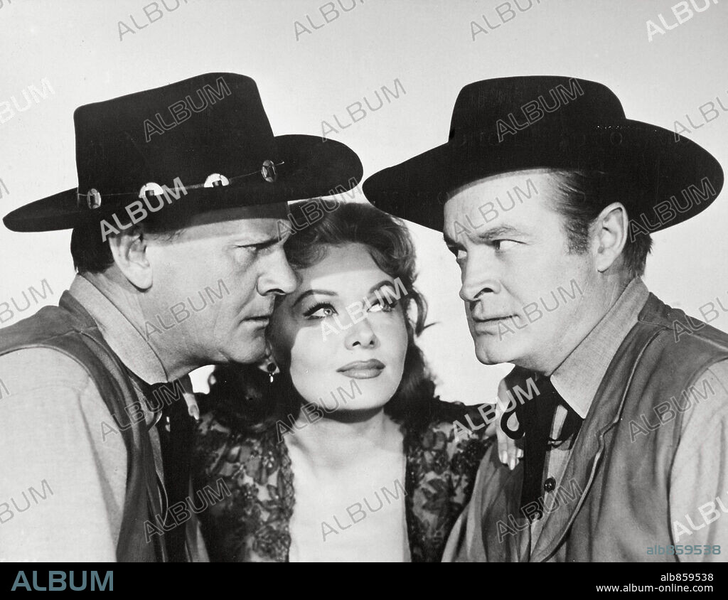 BOB HOPE, RHONDA FLEMING and WENDELL COREY in ALIAS JESSE JAMES, 1959, directed by NORMAN Z. MCLEOD. Copyright UNITED ARTISTS.
