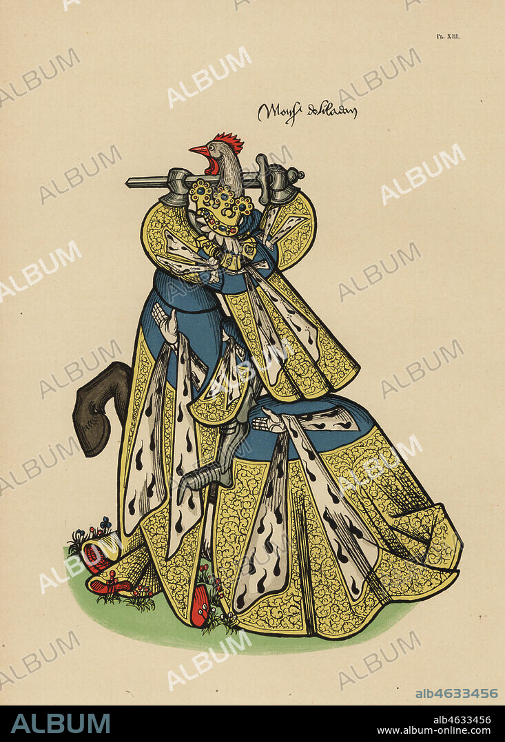 Jean de Villiers-l'Isle-Adam, Lord of L'Isle-Adam, governor of Paris, 1384-1437. Chromolithograph from Loredan Larchey's Ancien Armorial Equestre de la Toison d'Or et de l'Europe au 15e siecle (Ancient Equestrian Armorials of the Order of the Golden Fleece and Europe in the 15th century), Paris, 1890. From illustrated manuscript 4790 in the Bibliotheque de l'Arsenal.