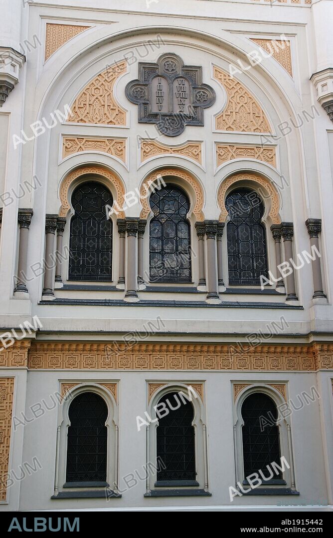 Czech Republic. Prague. Jewish Town. Spanish Synagogue. Built in Moorish Revival style by architects, Josef Niklas (1817-1877) and Ignac Ullmann (1822-1897) between 1868-1893. Rebuilt in 1990. Detail of the facade.