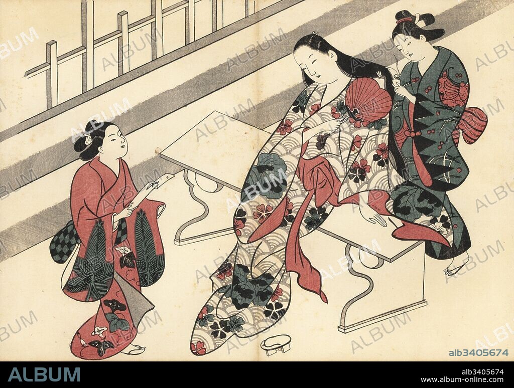 Oiran courtesan having her hair treated with perfumed oil by a kamuro outside a barred shopfront in the pleasure quarters. Another maid brings a letter. Woodblock print by Masanobu Okumura (1686-1764) from Fuzoku Emakimono, Picture Scroll of the Water Trade, Tokyo, reprint circa 1880.
