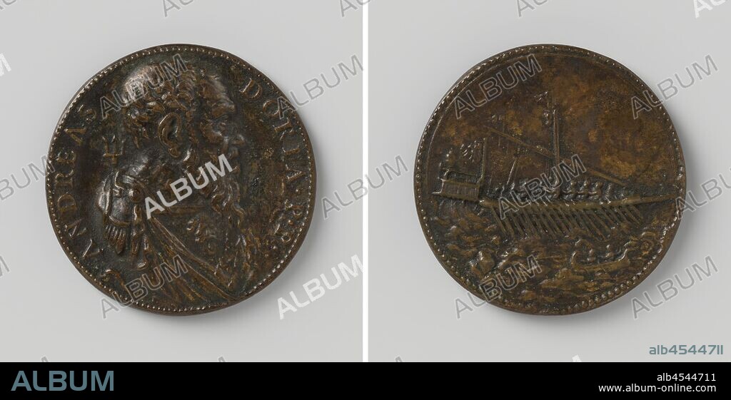 Admiral Andrea Doria, Bronze Medal. Front: man's chest piece with trident inside an inscription. Reverse: galley, in the foreground a boat is approaching with two men [allusion to the liberation of Leonidoor Doria], Andrea Doria, Leone Leoni, Italy, 1537, bronze (metal), founding, d 4.1 cm × w 26.79 gr.