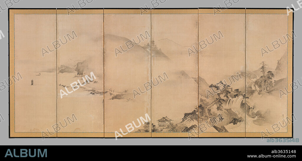Landscapes of the Four Seasons. Artist: Kano Tan'yu (Japanese, 1602-1674). Culture: Japan. Dimensions: Image (each): 60 3/8 in. × 11 ft. 6 7/8 in. (153.4 × 352.7 cm). Date: 1630s.
At far right, a stream fed by melting snow comes tumbling down out of the mountains, symbolizing the onset of spring. This foreground of waterfalls, bent trees, and rooftops suddenly gives way to an expanse of blank paper--a diagonal swath of mist that parts to reveal distant summer mountains. A flock of geese and the large moon are the only indications of autumn in the left screen (not exhibited), which is dominated by icy mountains and a snow-covered village. 
A grandson of the great Momoyama painter Kano Eitoku (1543-1590), Kano Tan'yu had, by the time he was a teenager, already become official painter to the second Tokugawa shogun Hidetada (1579- 1632; reigned 1605-1623). This pair of screens is dated on stylistic grounds to the 1630s, when Tan'yu was head of the Kano school's Kajibashi atelier in Edo, which Tan'yu himself had established in 1621.