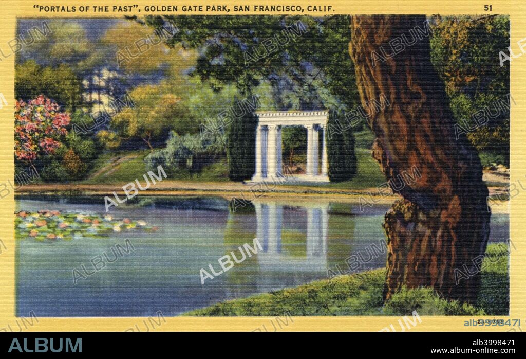 'Portals of the Past' Golden Gate Park, San Francisco, California, USA, 1932. Vintage linen postcard showing the 'Portals of the Past' that once belonged to a Nob Hill mansion before the Great Fire of 1906. They now stand on the shore of this picturesque lake in the park. The park was laid out in the 1870s.