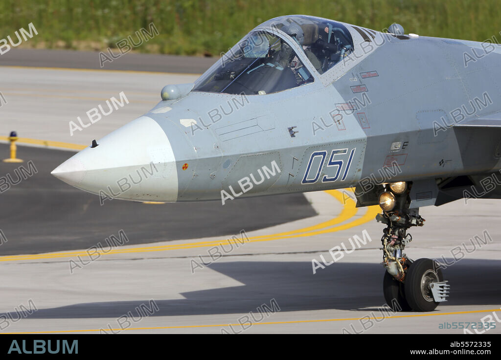 Sukhoi T-50 (Su-57) PAK-FA fifth generation Russian jet fighter during MAKS-2017 airshow, Zhukovsky, Moscow Region, Russia.