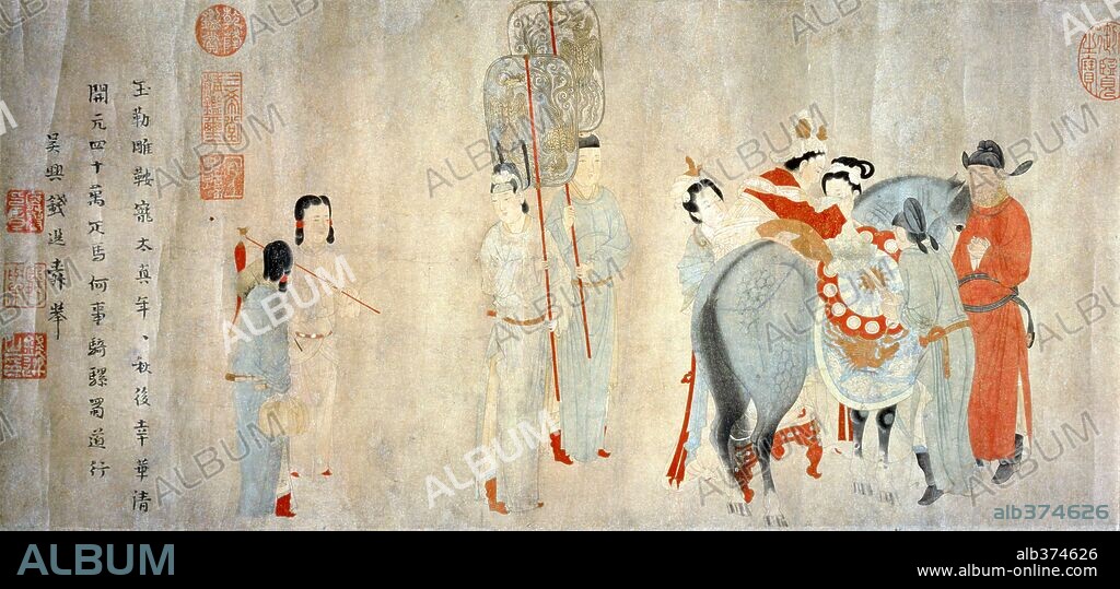 Tang Dynasty Scroll, Emperor Xuanzong (712-756) watching his favourite Yang Guifei a horse (right hand side), coloured ink on paper, China. Chinese Civilisation, 13th century.
