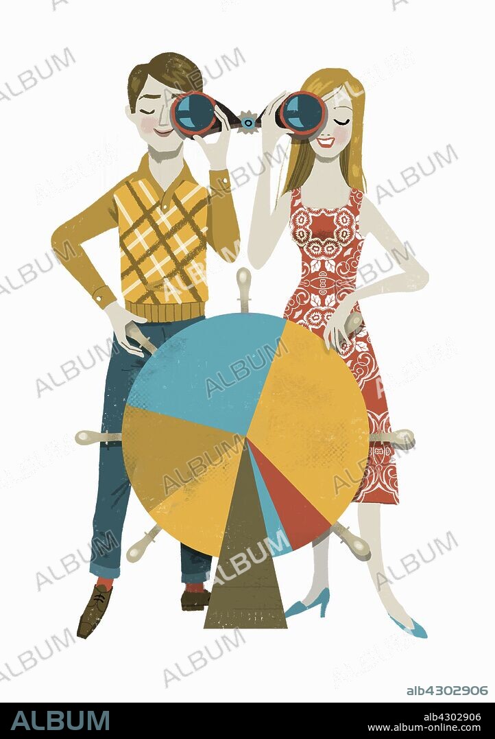 Young happy couple sharing binoculars and steering pie chart helm.