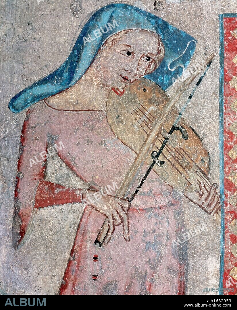 ARTE GOTICO. ESPAÑA. S. XIV. Pintura S. XIV. Pintor: Juan OLIVER en el 1330. "JUGLAR O CORTESANA TOCANDO UN INSTRUMENTO MUSICAL". Mural perteneciente al refectorio de la Catedral de Pamplona (detalle de la parte inferior). Museo de Navarra. Pamplona. España.