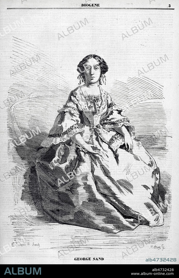 George SAND (1804-1876). Caricature par Etienne CARJAT (1828-1906) pour Diogene du 28 decembre 1856. Credit : Coll. Dixmier/KHARBINE-TAPABOR.