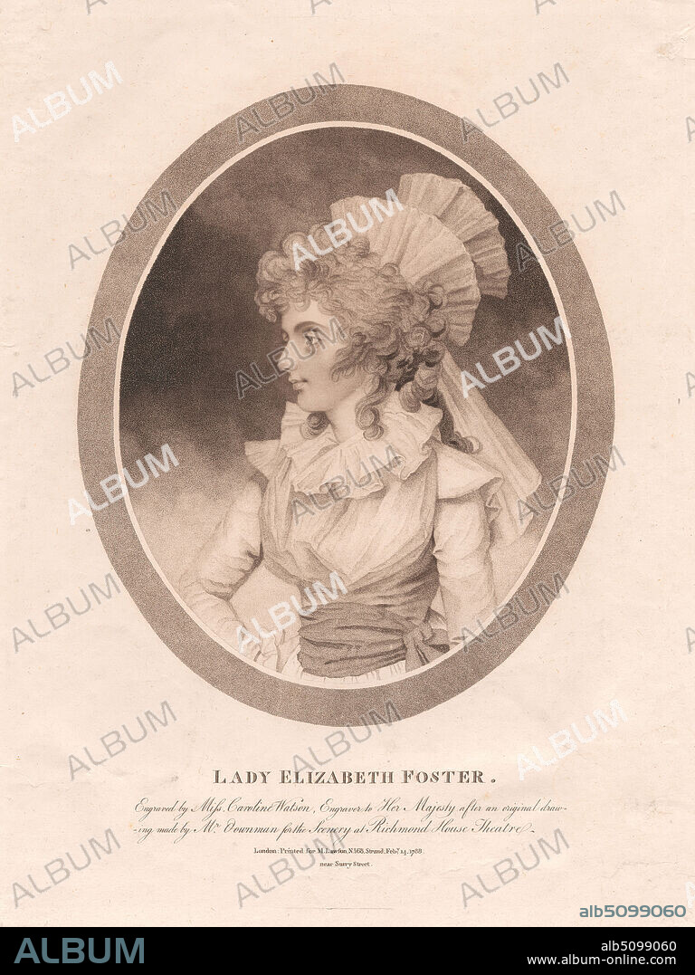 Lady Elizabeth Foster, Print made by Caroline Watson, 17601814, British, after John Downman, 17501824, British, 1788, Stipple engraving on moderately thick, moderately textured, cream laid paper, Sheet: 13 1/8 × 10 inches (33.3 × 25.4 cm) and Image: 7 7/8 × 6 3/8 inches (20 × 16.2 cm).